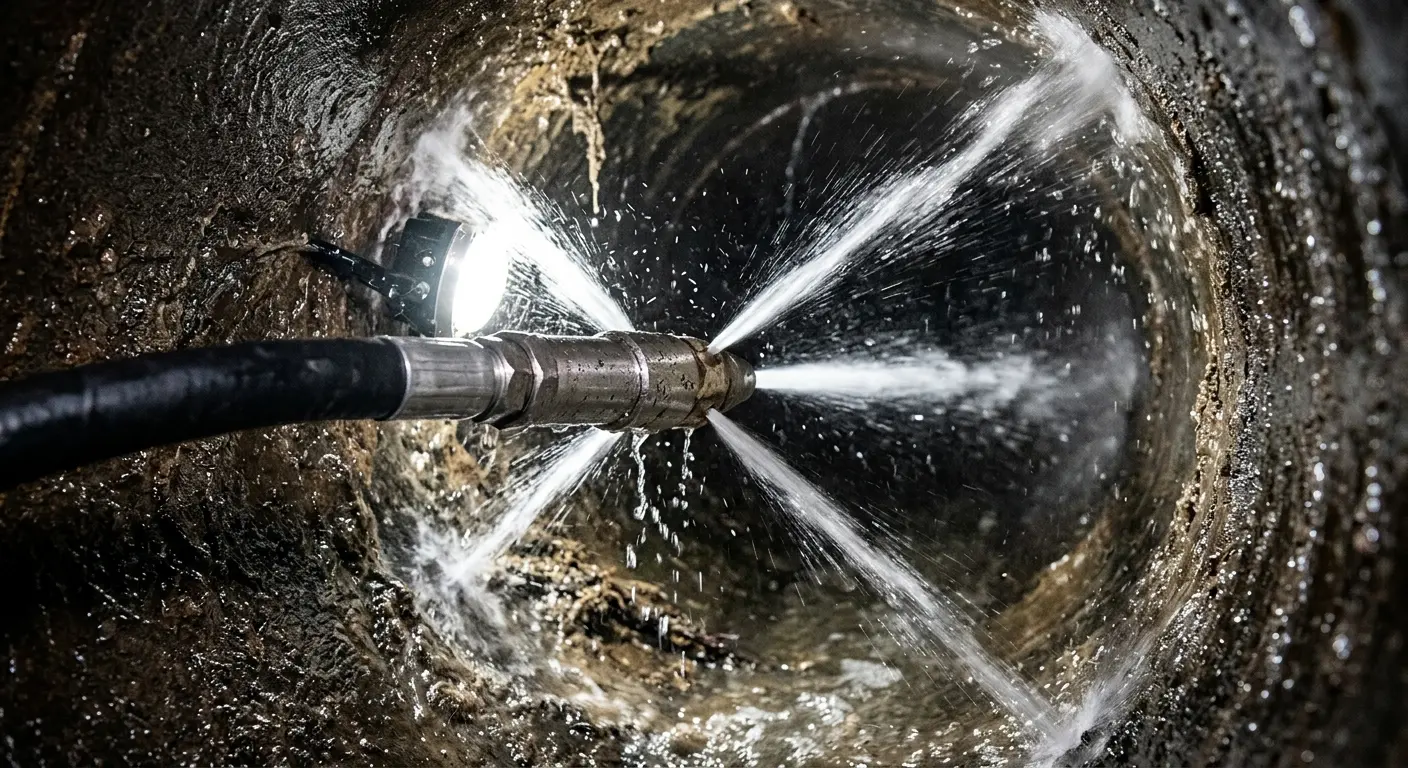 High-pressure hydro jetting nozzle cleaning sewer pipe for Trenchless Sewer Repair in Pleasanton