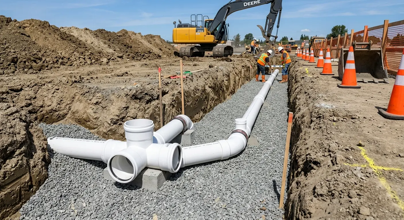 New PVC sewer pipe installation in open trench for Sewer Backup in Pleasanton
