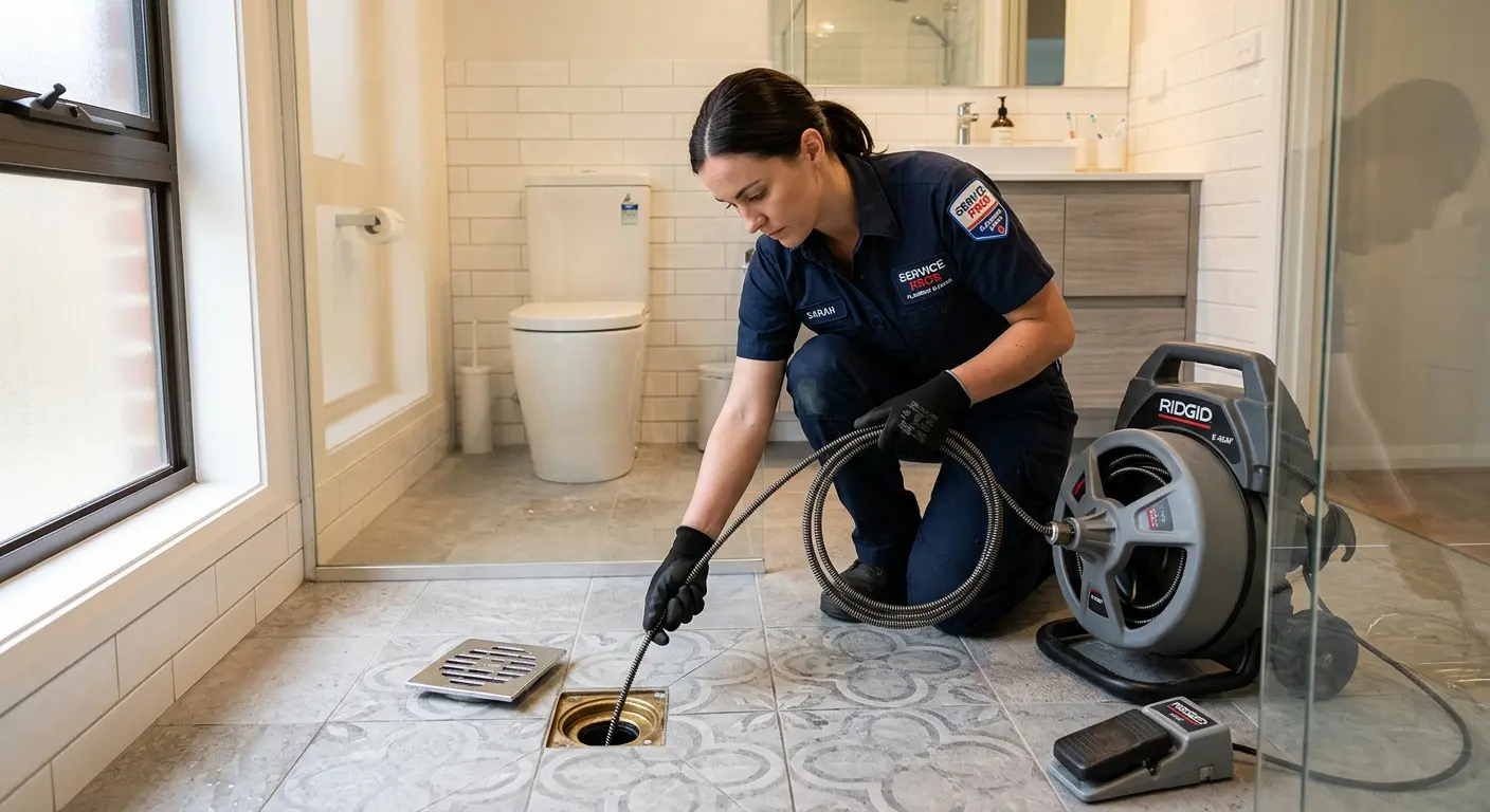 Technician clearing a bathroom floor drain for Drain Cleaning in Pleasanton